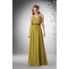 A Line V Neck Crisscross Spaghetti Straps Long Chartreuse Chiffon Ruched Bridesmaid Dress With Sash