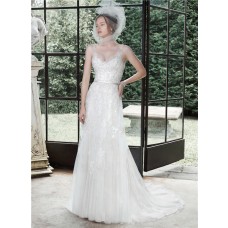 A Line V Neck Tulle Lace Wedding Dress With Sheer Straps Belt