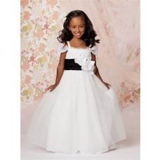 A-line Princess Floor Length White Organza Flower Girl Dress With Flowers Black Sash