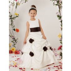 A-line Princess Scoop Floor Length Ivory Satin Designer Flower Girl Dress With Flowers Sash