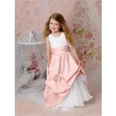 A-line Princess Scoop Floor Length Pink Taffeta Flower Girl Dress With Flowers