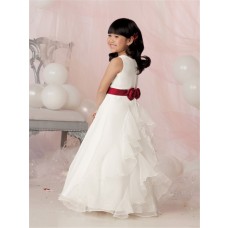 A-line Princess Scoop Floor Length White Organza Flower Girl Dress With Beading Sash