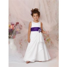 A-line Princess Scoop Floor length White Taffeta Flower Girl Dress with Flowers Purple Sash