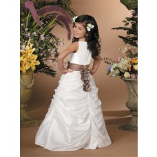 A-line Princess Scoop Floor Length White Taffeta Wedding Flower Girl Dress With Sash