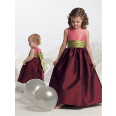 A-line Princess Scoop Tea Length Burgundy Taffeta Toddler Flower Girl Dress With Sash