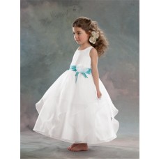 A-line Princess Scoop Tea Length White Organza Flower Girl Dress With Flower Sash