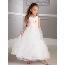 A-line Princess Scoop Tea Length White Organza Wedding Flower Girl Dress With Pink Sash
