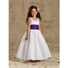 A-line Princess Scoop Tea Length White Taffeta Wedding Flower Girl Dress With Sash