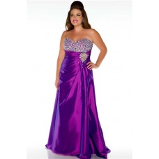 A line Sweetheart Long Purple Taffeta Beaded Plus Size Party Prom Dress