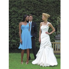 A line one shoulder knee length short blue chiffon wedding bridesmaid dress 