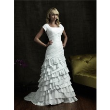 A line square court train cap sleeve tiered ruffle wedding dress