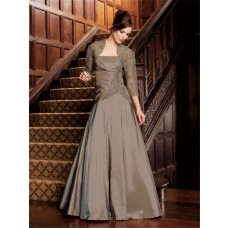 A line strapless long brown taffeta mother of the bride dress with lace jacket
