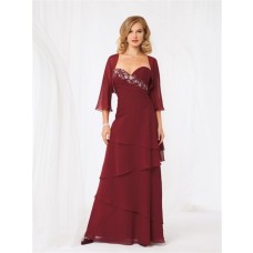 A line sweetheart long burgundy chiffon beaded mother of the bride dress with jacket