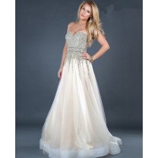 A line sweetheart long ivory tulle beaded evening dress with train