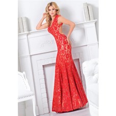 Amazing Mermaid Scalloped Neck Open Back Red Lace Beaded Long Evening Prom Dress