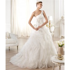 Ball Gown Asymmetrical One Shoulder Chiffon Draped Tulle Wedding Dress With Beading 
