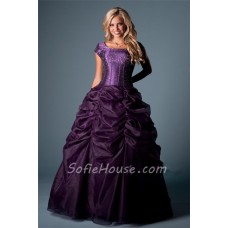 Ball Gown Cap Sleeve Dark Purple Organza Corset Prom Dress Pick Up Skirt