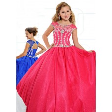 Ball Gown Cap Sleeve Hot Pink Tulle Beaded Girl Pageant Prom Dress