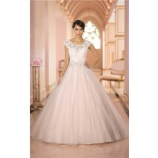 Ball Gown Cap Sleeve Keyhole Open Back Tulle Lace Beaded Wedding Dress