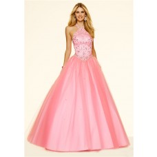 Ball Gown Halter Drop Waist Corset Ligh Pink Tulle Beaded Prom Dress