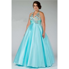 Ball Gown Halter Empire Waist Long Aqua Blue Beaded Plus Size Prom Dress 