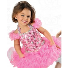 Ball Gown Halter Pink Organza Ruffle Beaded Toddle Girl Pageant Prom Dress