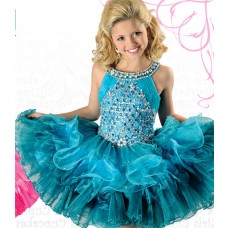 Ball Gown Halter Short Teal Tulle Ruffle Beaded Tutu Girl Pageant Dress