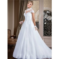 Ball Gown High Neck Cap Sleeve Keyhole Back Lace Tulle Wedding Dress