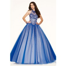 Ball Gown High Neck Open Back Royal Blue Tulle Beaded Corset Prom Dress