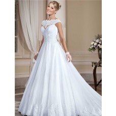 Ball Gown High Neck Sheer Back Tulle Lace Wedding Dress With Cap Sleeves