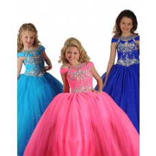 Ball Gown Hot Pink Tulle Crystals Beaded Little Girls Party Prom Dress