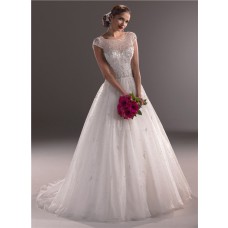 Ball Gown Illusion Neckline Cap Sleeve Tulle Wedding Dress With Crystal Beading