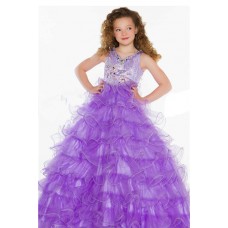 Ball Gown Long Lilac Purple Tulle Ruffle Beaded Little Girl Party Prom Dress