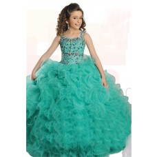 Ball Gown Mint Green Tulle Ruffle Beaded Girl Pageant Prom Dress With Straps