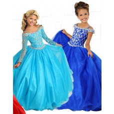 Ball Gown Off The Shoulder Long Sleeve Turquoise Tulle Beaded Girl Pageant Dress