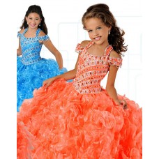 Ball Gown Off The Shoulder Orange Organza Ruffle Girl Pageant Dress With Straps