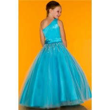 Ball Gown One Shoulder Blue Turquoise Tulle Beaded Flower Girl Evening Prom Dress