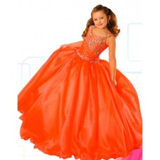 Ball Gown Orange Organza Beaded Puffy Girl Pageant Prom Dress Corset Back