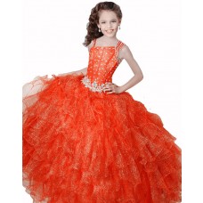 Ball Gown Orange Organza Ruffle Beaded Girl Pageant Prom Dress With Straps