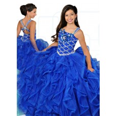 Ball Gown Royal Blue Organza Ruffle Beaded Girl Pageant Prom Dress With Straps