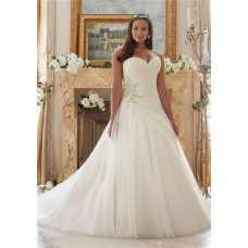 Ball Gown Ruched Tulle Crystals Beaded Plus Size Wedding Dress Lace Up Back