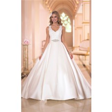 Ball Gown Scalloped Neck Keyhole Open Back Satin Lace Wedding Dress Crystals Sash