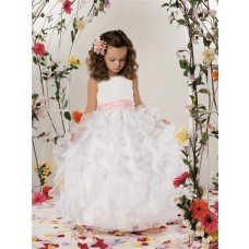 Ball Gown Scoop Floor Length White Organza Flower Girl Dress With Ruffles Sash