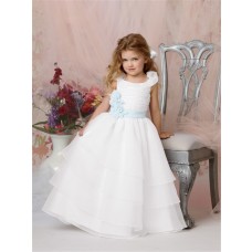 Ball Gown Scoop Floor Length White Organza Flower Girl Dress with Flowers Sash