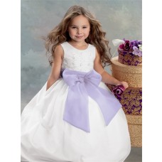 Ball Gown Scoop Floor Length White Satin Embroidered Flower Girl Dress With Bow