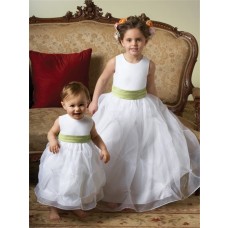Ball Gown Scoop Tea Length White Organza Toddler Flower Girl Dress With Sash
