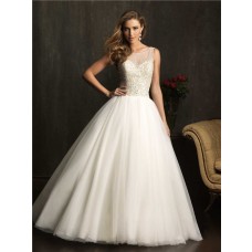 Ball Gown Sheer Illusion Neckline Tulle Beaded Wedding Dress With Low Back 