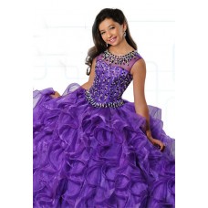Ball Gown Sleeveless Purple Organza Ruffle Beaded Girl Pageant Prom Dress