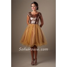 Ball Gown Square Neck Cap Sleeve Short Gold Sequin Tulle Corset Prom Dress