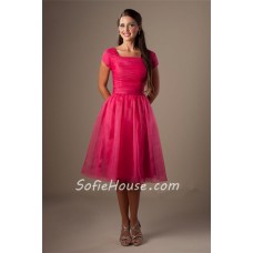 Ball Gown Square Neck Hot Pink Organza Short Modest Party Bridesmaid Dress 